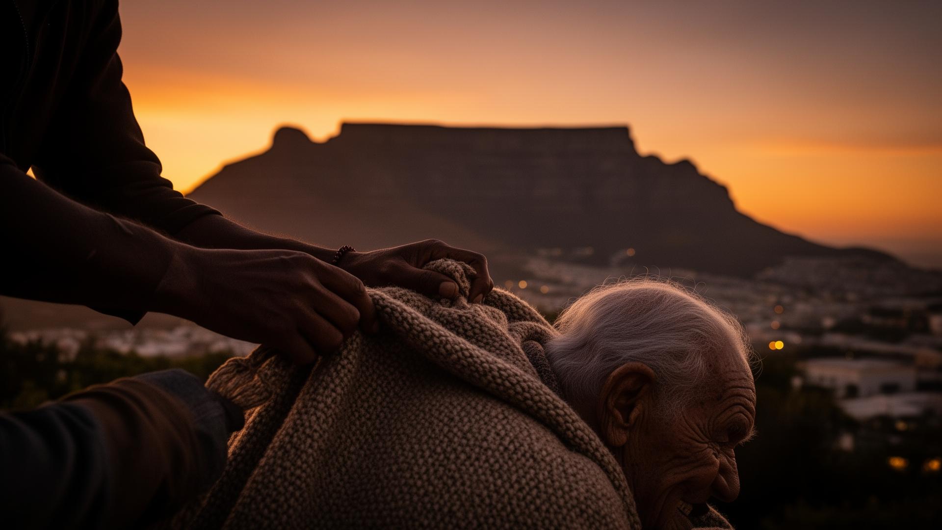 Volunteer wrapping a warm blanket around an elderly man at dusk with Table Mountain behind